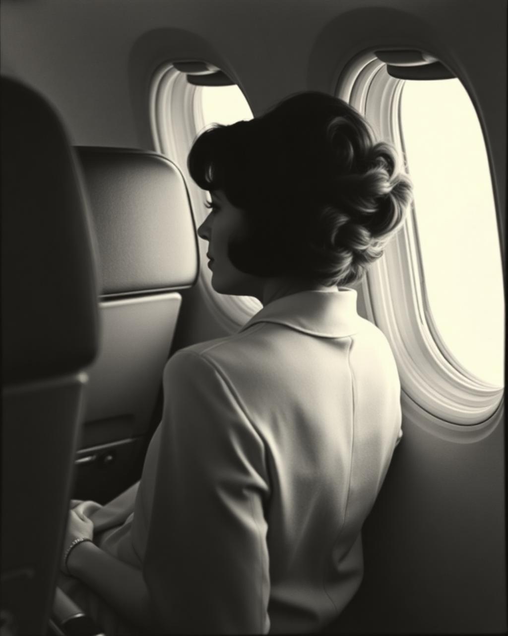 Archival black and white photograph of a woman on a vintage aircraft