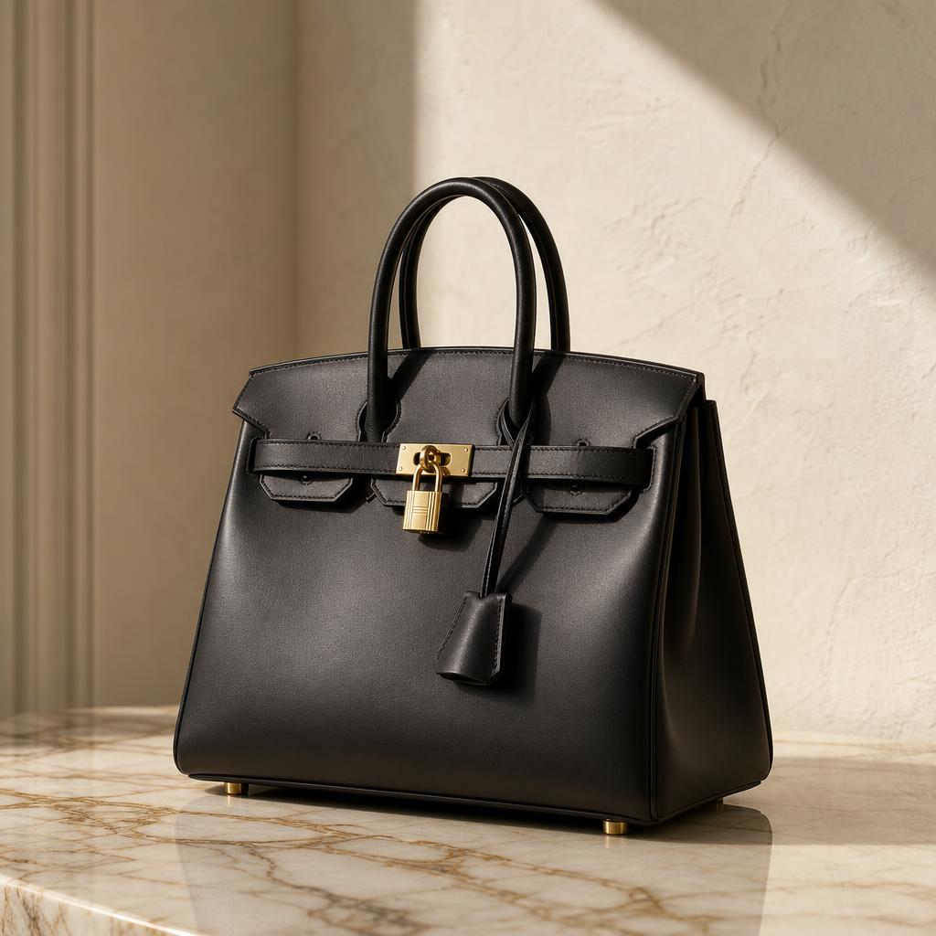 Black structured leather handbag on marble